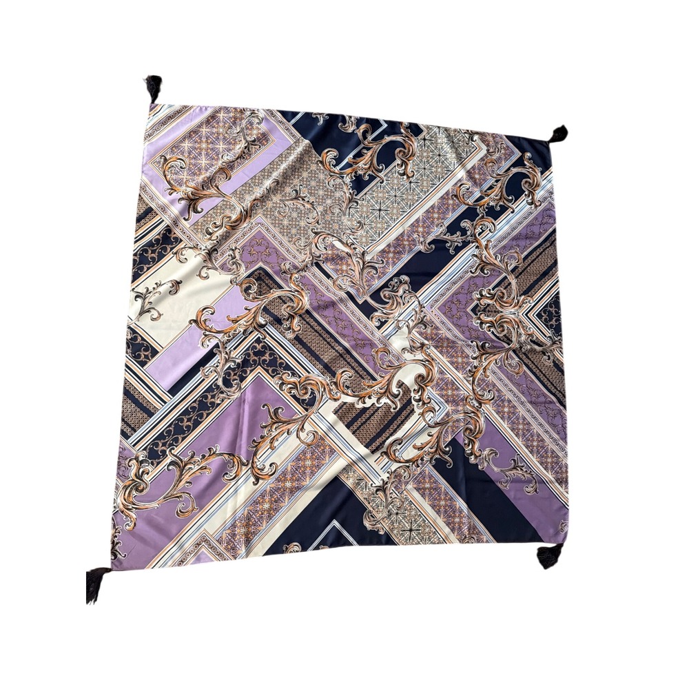 Scarf Purple Navy Baroque Print Square Tassel Trim Elegant Accessory